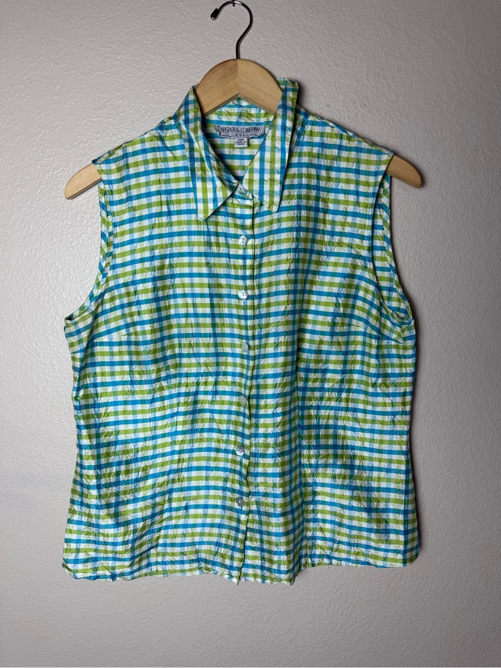 Kasper & Company 100% Silk Sleeveless Button-Front Plaid Shirt - Blue & Green